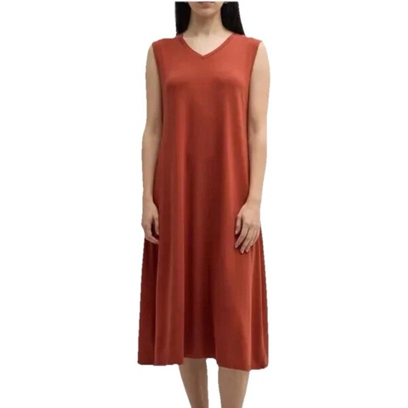 Eileen Fisher Tencel Midi Dress Sleeveless Rust Orange Minimalist NWT Lagenlook - Picture 1 of 9